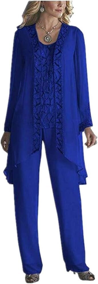 Women's Chiffon 3 Pieces Formal Mother of The Bride Pant Suits with Appliques with Outfit for Wedding Grooms