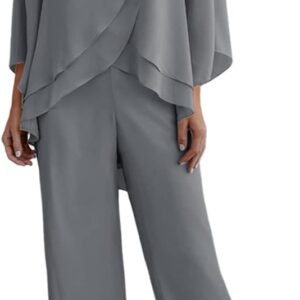 Women's Chiffon 2 Pcs Mother of The Bride Pant Suits Asymmetrical Hem Tops Pants Plus Size Wedding Party Prom Outfit