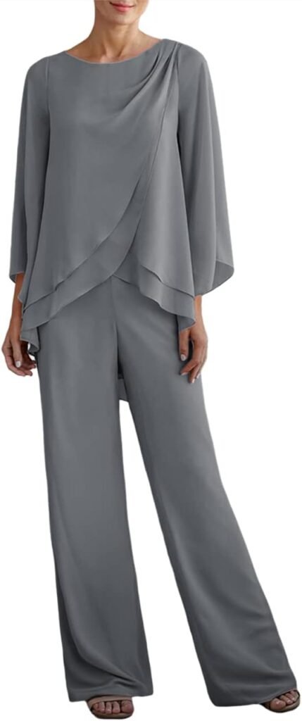 Women's Chiffon 2 Pcs Mother of The Bride Pant Suits Asymmetrical Hem Tops Pants Plus Size Wedding Party Prom Outfit