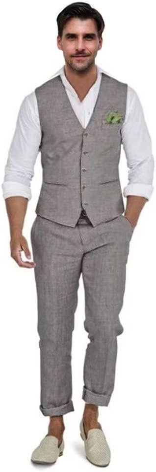 Men's Linen Suits 2 Piece Slim Fit Suit Prom Beach Wedding Groomsman Vest Pants Set Casual Summer Linen Outfit