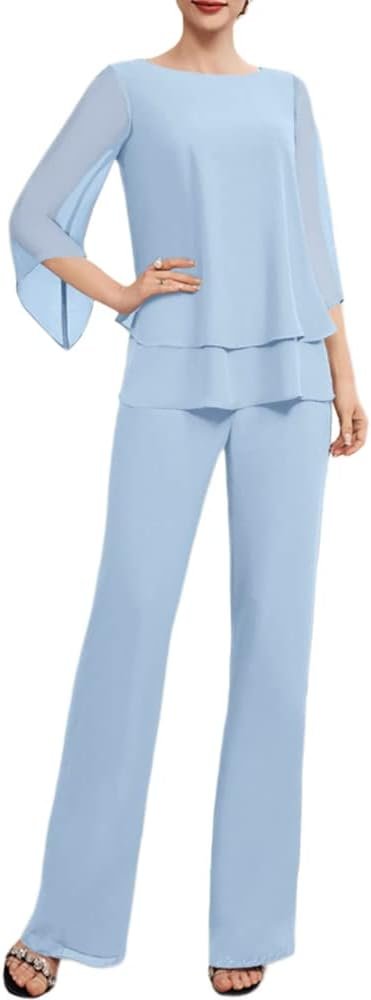 Zongqiven Women’s Dressy Pant Suit Wedding Evening Outfits 2 Piece Chiffon Formal Pantsuits