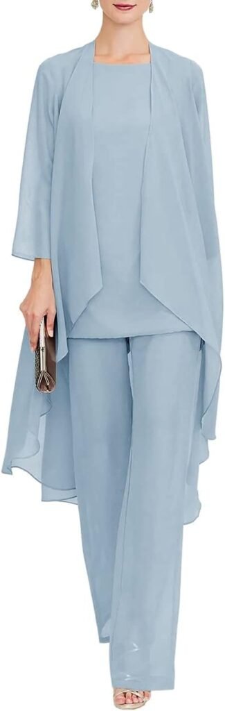 Zongqiven Chiffon Mother of The Bride Pant Suits 3Pcs Wedding Formal Outfit Set Evening Gown for Women
