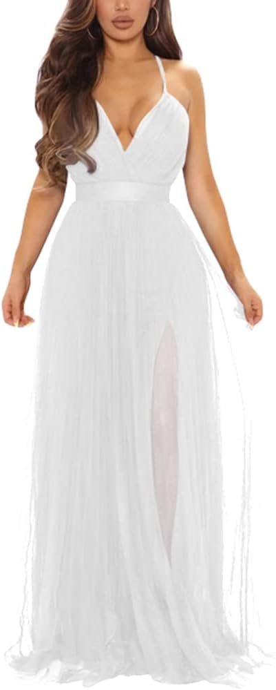 XXTAXN Women's Sexy Deep V Neck Split Cocktail Party Formal Bridesmaid Maxi Dress