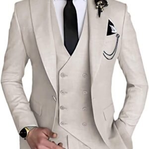 Wangyue 3 Piece Suit Slim Fit Men Suits Double Breasted Wedding Party One Button Blazer Jacket Vest Pants Sets Beige