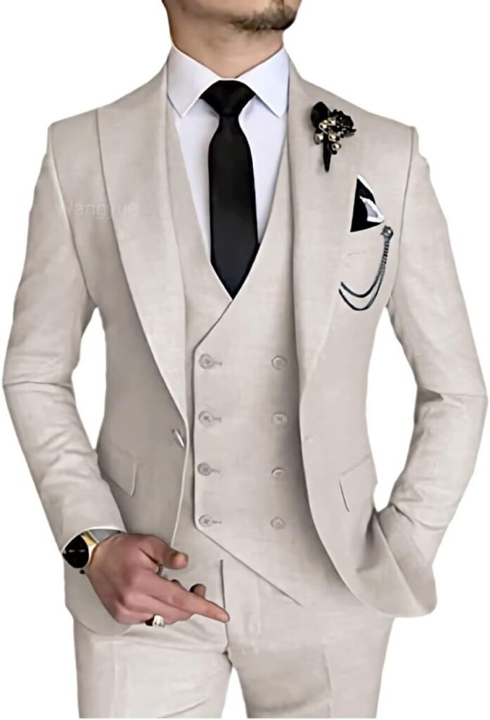 Wangyue 3 Piece Suit Slim Fit Men Suits Double Breasted Wedding Party One Button Blazer Jacket Vest Pants Sets Beige