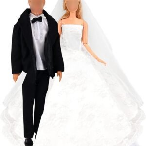 BARWA Wedding Set White Wedding Dress with Veil and Formal Suit Outfit for Boy & Girl Dolls