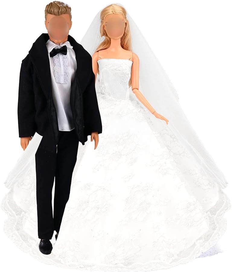 BARWA Wedding Set White Wedding Dress with Veil and Formal Suit Outfit for Boy & Girl Dolls