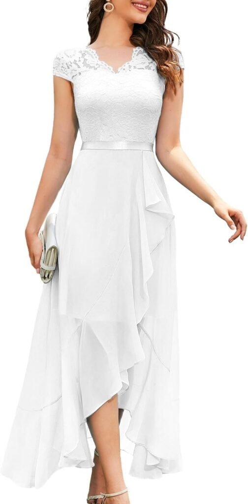 Bbonlinedress Women's V-Neck Dress for Women Wedding Guest Hi-Lo Floral Lace Prom Cocktail Party Formal Bridesmaid Dress