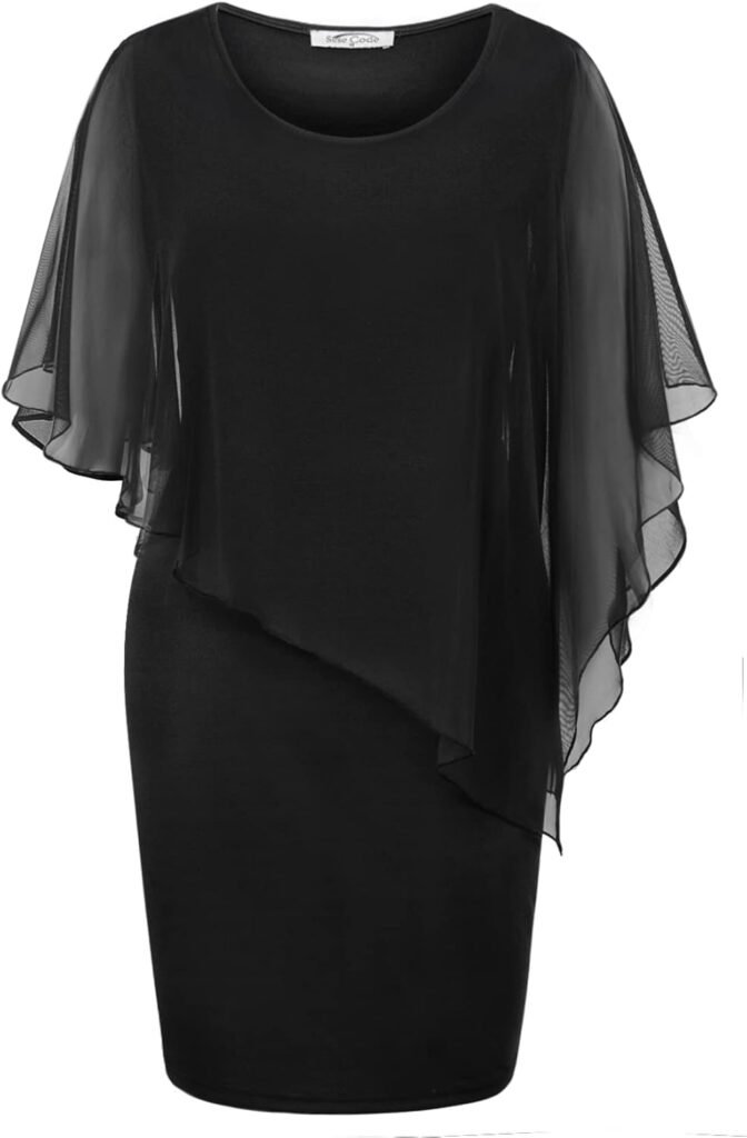 SeSe Code Women's Mesh Cape Overlay Bodycon Knee Length Pencil Dress for Wedding Guest