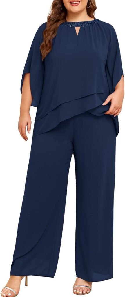 Hanna Nikole Mother of Bride Pant Suits Plus Size Half Sleeve 2 Piece Chiffon Pantsuit Formal Wedding Guest Outfit