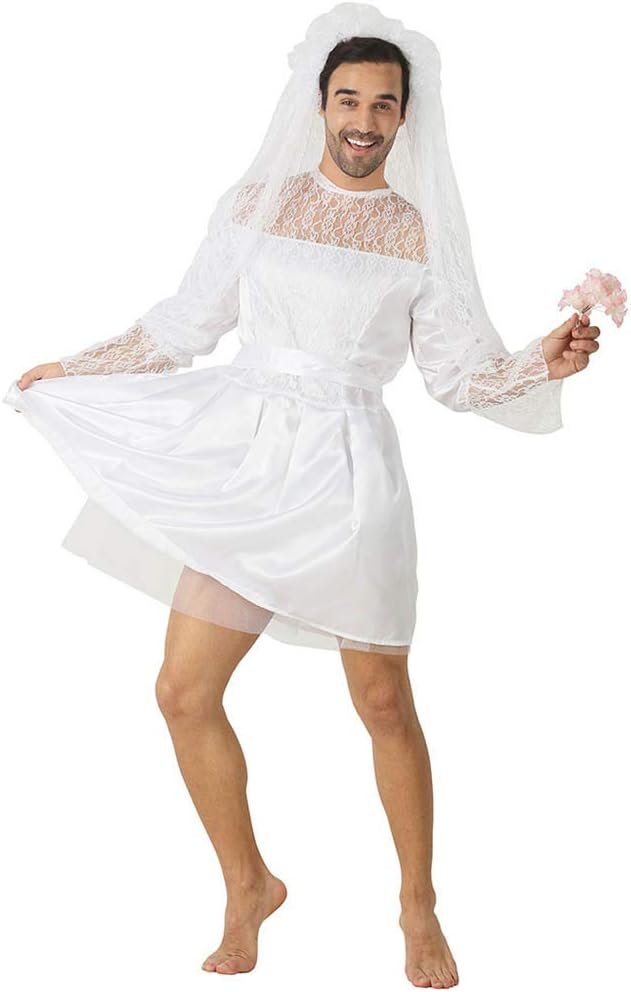 Funny Male White Bride Costume Men's Wedding Dress Novelty Fancy Dress Stag Do Hen Night Party Outift (One Size, White)