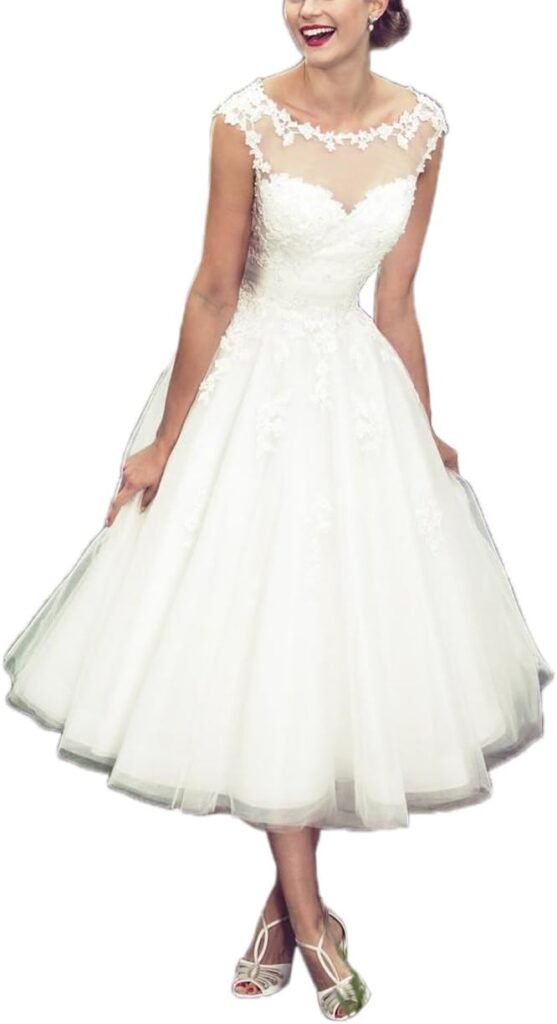 Women's Elegant Sheer Vintage Short Lace Wedding Dress for Bride