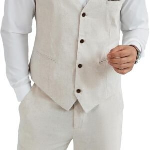 Mens Linen Suit 2 Piece Short Suits for Men Casual Summer Beach Groom Wedding Suit Linen Vest Shorts Set