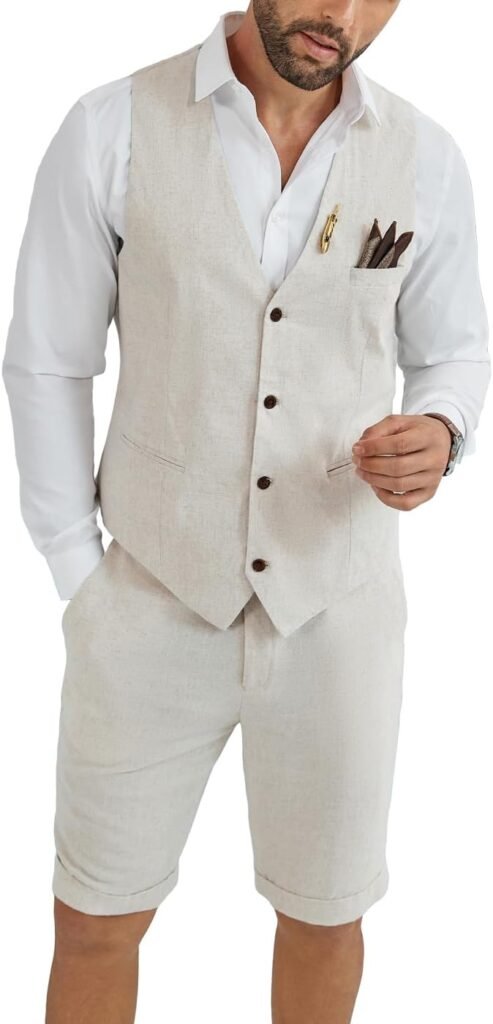 Mens Linen Suit 2 Piece Short Suits for Men Casual Summer Beach Groom Wedding Suit Linen Vest Shorts Set