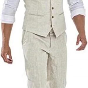 Casual Linen Beige Men's 2 Piece Suits Wedding Suits Slim Fit Groomsmen Tuxedos Prom Waistcoat Summer Linen Vest+Pant
