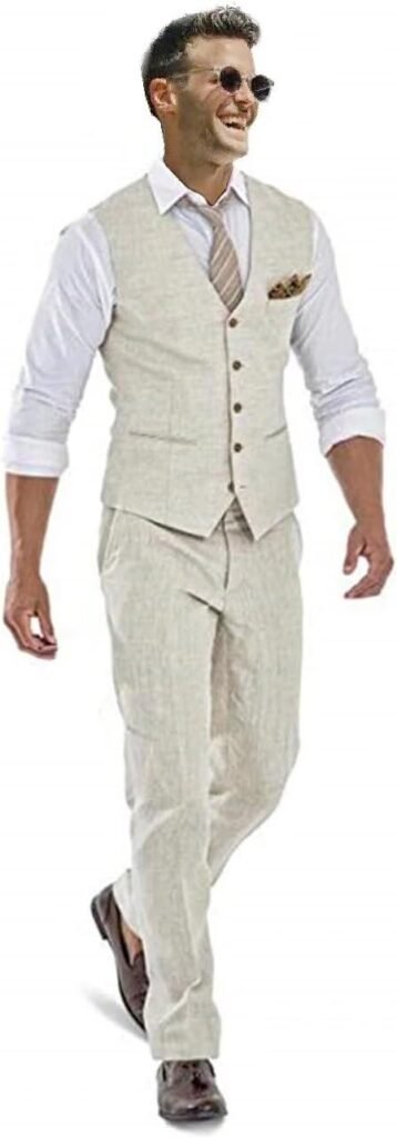 Casual Linen Beige Men's 2 Piece Suits Wedding Suits Slim Fit Groomsmen Tuxedos Prom Waistcoat Summer Linen Vest+Pant