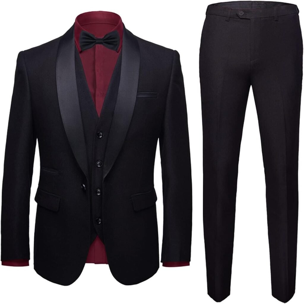 MY'S Mens 3-Piece Suit Shawl Lapel One Button Tuxedo Slim Fit Dinner Jacket Vest Pants & Tie Set
