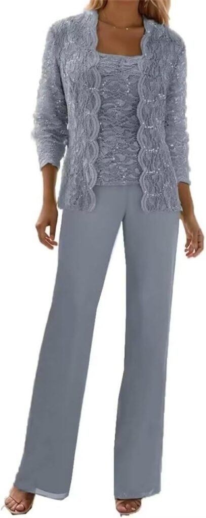 3 Pieces Lace Chiffon Mother of The Bride Pant Suits with Jackets Sequins Wedding Guest Dresses for Women