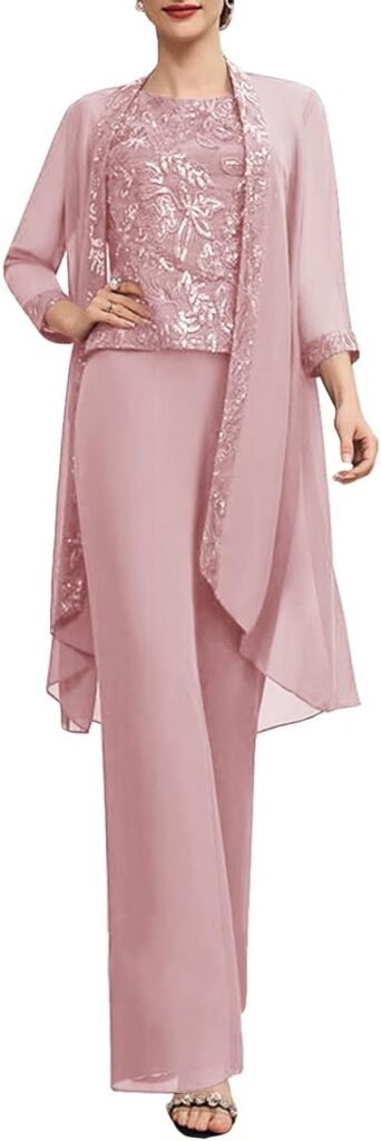 Women's 3 Pieces Mother of The Bride Pant Suits with Lace Appliques Formal Outfit Dressy Elegant Sets