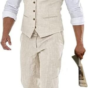 Beige Linen Beach Wedding Suits Men's Slim Fit 2 Piece Groom Suit Prom Party Dress Tuxedos Vest Pants Suit Set-XXL