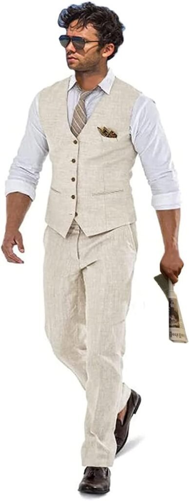 Beige Linen Beach Wedding Suits Men's Slim Fit 2 Piece Groom Suit Prom Party Dress Tuxedos Vest Pants Suit Set-XXL