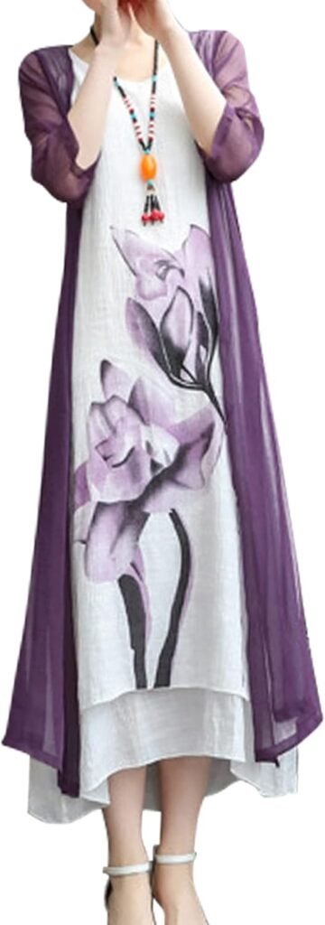 Honwenle Women's Linen Dress 2 Piece Outfit Floral Sleeveless Loose Maxi Summer Dresses with Jacket Formal Casual