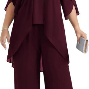 Hanna Nikole Plus Size Mother of The Bride Pant Suits 2 Piece Chiffon Sets Dressy Wedding Guest Outfit with High Low Hem