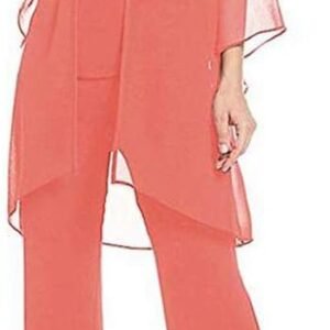 Women's Coral Formal Mother of The Bride Dress Pant Suits 3 Pieces Chiffon Lace Outfit for Wedding Grooms Plus Size US14
