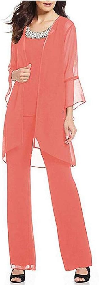Women's Coral Formal Mother of The Bride Dress Pant Suits 3 Pieces Chiffon Lace Outfit for Wedding Grooms Plus Size US14