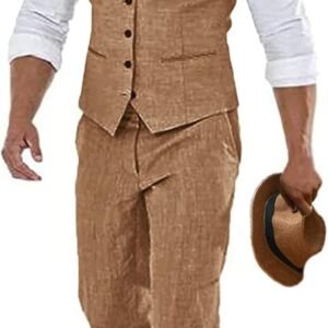 Linen Suits for Men Casual Wedding Suits Men 2 Piece Suits Groomsmen Tuxedos Summer Beach Prom Vest and Pants Set