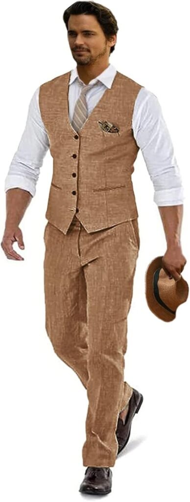Linen Suits for Men Casual Wedding Suits Men 2 Piece Suits Groomsmen Tuxedos Summer Beach Prom Vest and Pants Set