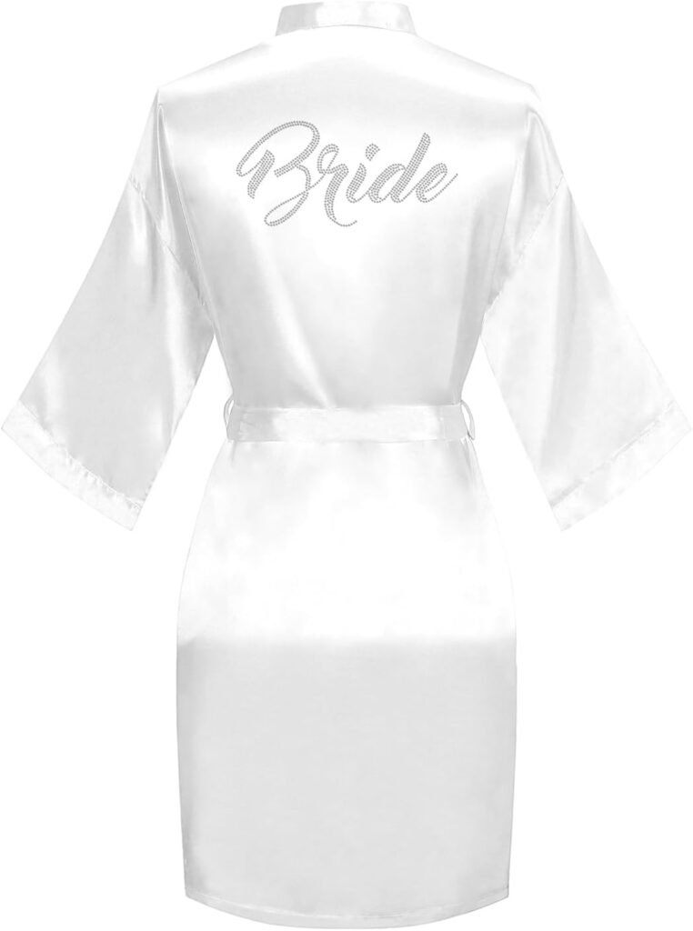 Women's Kimono Bride Bridesmaid Robes with Rhinestones Short Satin Bathrobes Wedding Party Getting Ready Day