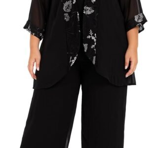 Women's Plus Size Wedding Pant Suits 3 Piece Chiffon Party Outfit for Mother of The Groom Bride Evening Gowns