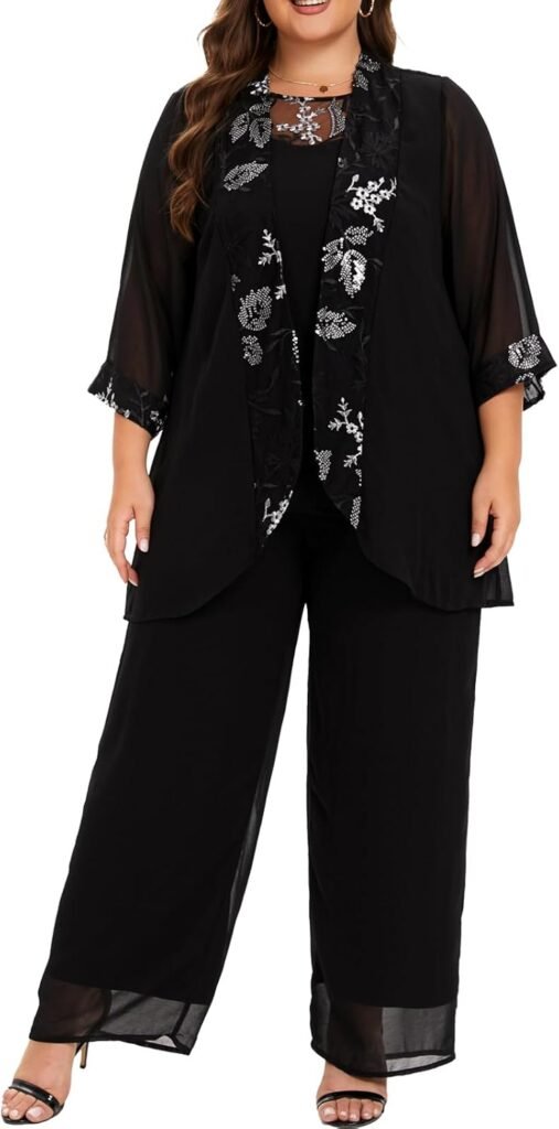 Women's Plus Size Wedding Pant Suits 3 Piece Chiffon Party Outfit for Mother of The Groom Bride Evening Gowns