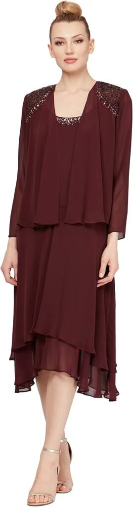 S.L. Fashions Women's Mother of The Bride Dress with Embellished Neckline & Shoulder, Wedding Guest (Petite and Regular Sizes), Fig, 16P