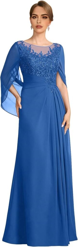 Mother of The Bride Dresses for Wedding with Cape Long Lace Appliques Formal Dresses Chiffon Evening Gowns