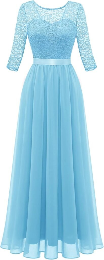 BeryLove Women Long Sleeve Formal Party Dress Lace Wedding Guest Maxi Dresses Elegant Cocktail Evening Gowns
