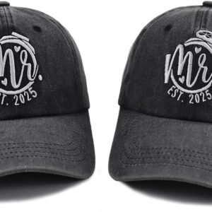 2PCS Matching Mr and Mrs EST 2025 Hats for Couple Gifts, Adjustable Cotton Vintage Embroidered Baseball Caps