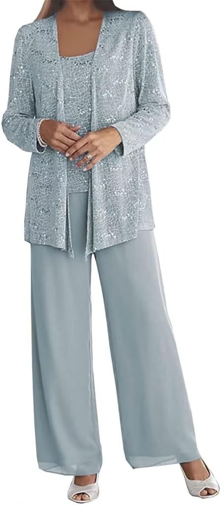 3 Pieces Chiffon Mother of The Bride Pant Suits for Wedding Sequin Grandmother of The Bride Pant Suits with Jacket