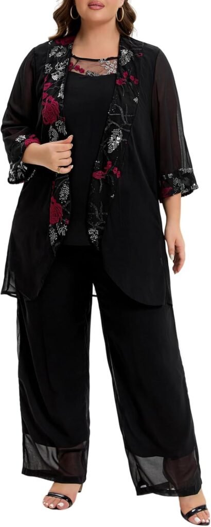 3 Piece Mother of The Bride Pant Suits Plus Size Chiffon Sets Embroidered Laces Wedding Guest Outfit with Jacket