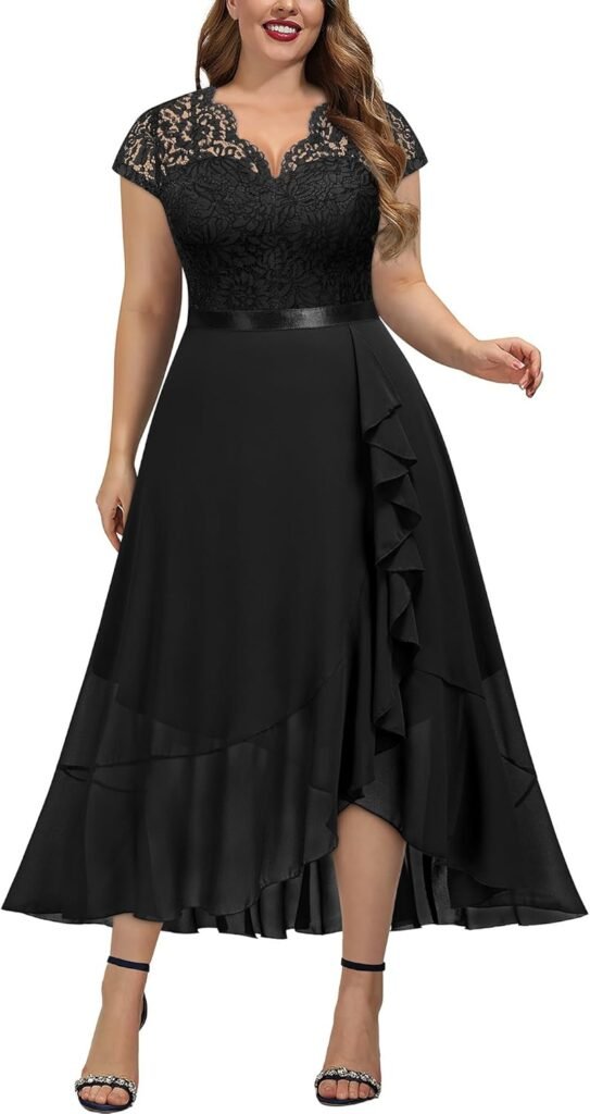 Miusol Women's Plus Size V Neck Elegant Floral Lace Ruffle Bridesmaid Maxi Dress