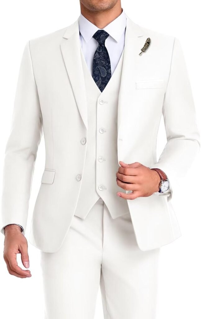 Men Suit 3 Pieces Slim Fit, 2 Buttons Groomsmen Business Jacket Vest Pant Prom Tuxedo with Tie