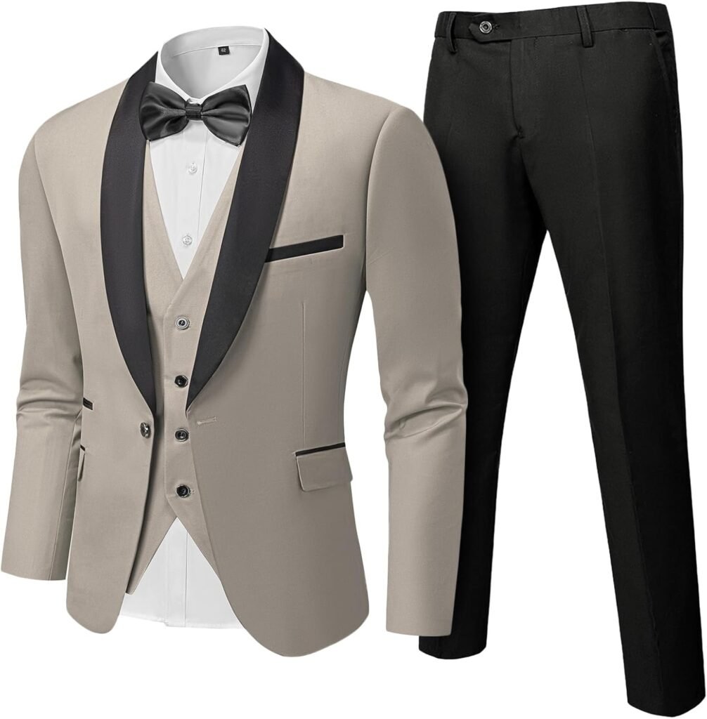 Hihawk Men's 3 Piece Slim Fit Solid Tuxedo with Stretch Fabric, One Button Shawl Collar Jacket Vest Pants with Bow Tie