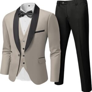 Hihawk Men's 3 Piece Slim Fit Solid Tuxedo with Stretch Fabric, One Button Shawl Collar Jacket Vest Pants with Bow Tie