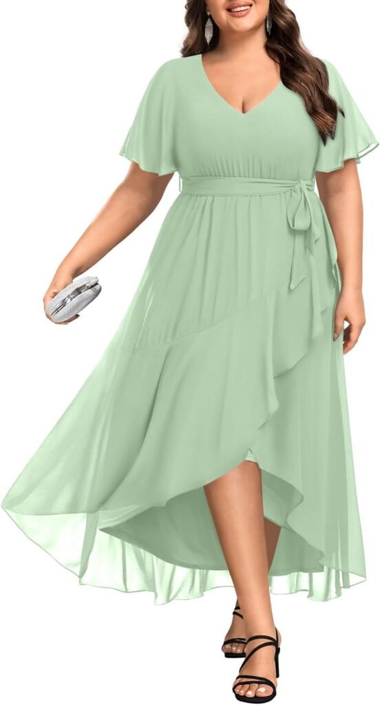 Womens Plus Size Long Dress Chiffon High Low Split Ruffle Evening Bridesmaid Wedding Guest Formal Maxi Dresses