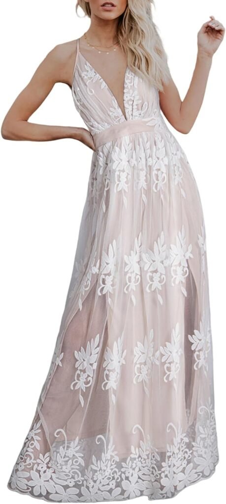 Dokotoo Womens Formal Dresses Deep V-Neck Embroidered Lace Mesh Evening Party Prom Dress Long Wedding Dress