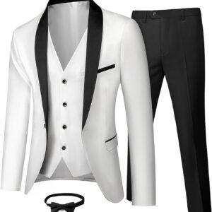 YND Men's 3 Piece Slim Fit Tuxedo Set, One Button Shawl Collar Solid Jacket Vest Pants with Bow Tie