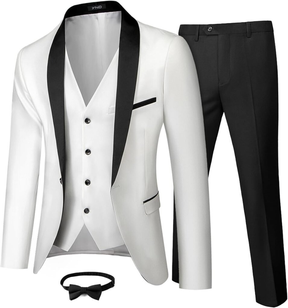 YND Men's 3 Piece Slim Fit Tuxedo Set, One Button Shawl Collar Solid Jacket Vest Pants with Bow Tie