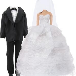 Wedding Outfit Set Including 1 White Wedding Dress with Veil 1 Formal Business Suit 2 Shoes,Bride Gown Groom Clothes Suit for 11.5 inch Girl & Boy Dolls (NO Doll)
