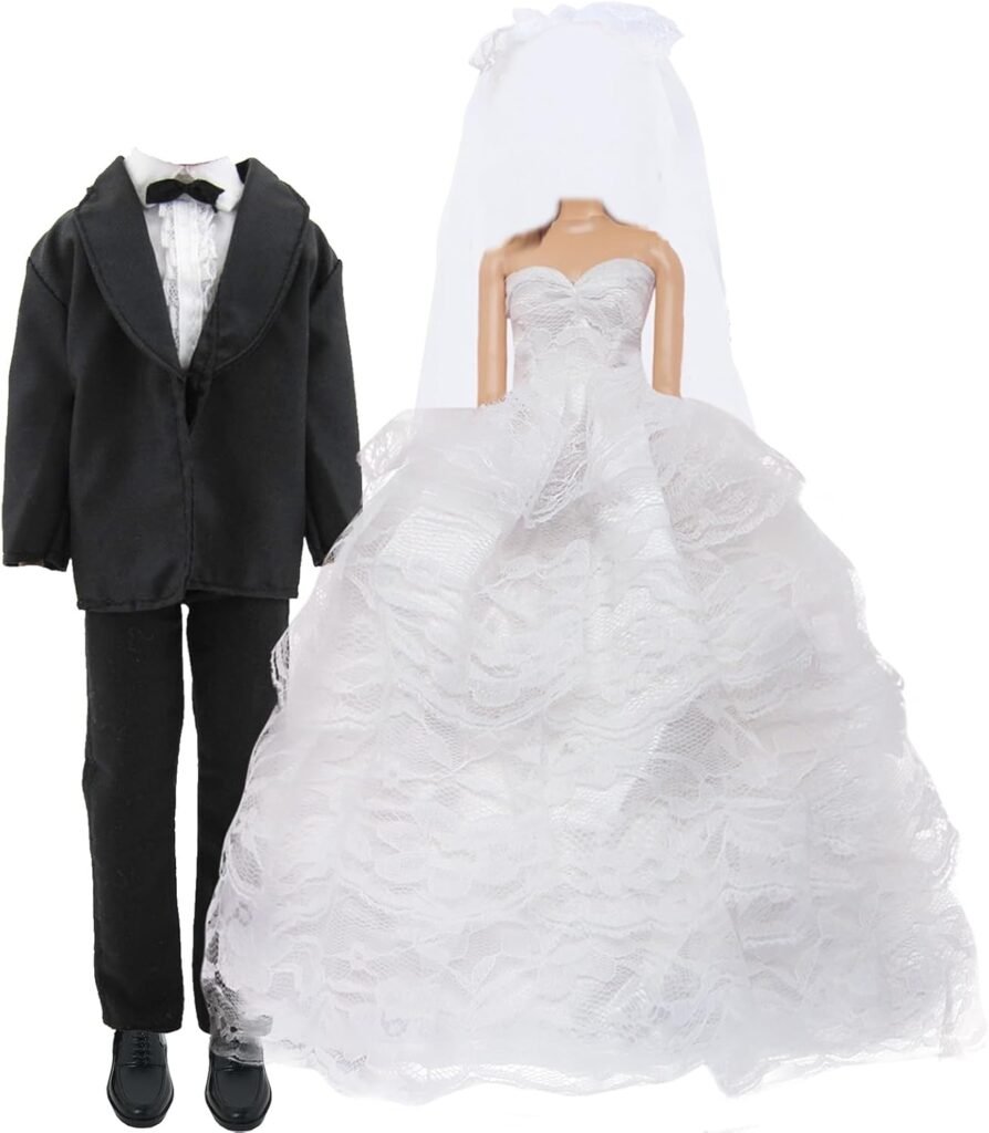 Wedding Outfit Set Including 1 White Wedding Dress with Veil 1 Formal Business Suit 2 Shoes,Bride Gown Groom Clothes Suit for 11.5 inch Girl & Boy Dolls (NO Doll)